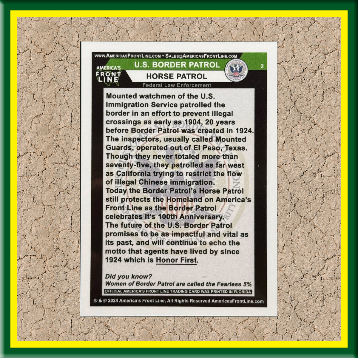 Border Patrol Horse Patrol Trading Card for Challenge Coin Collectors