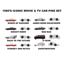 Load image into Gallery viewer, Legendary Iconic Movie TV Cars 1980 Edition 8 pins 80's set collection Knight Rider Back to the Future Mad Max Starsky and Hutch A-Team Ghost Busters James Bond Dukes of Hazzard DL11-07 - www.ChallengeCoinCreations.com