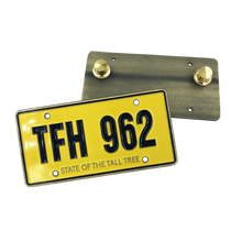 Load image into Gallery viewer, Goonies Fratelli's License Plate Medallion Pin with dual pin backs Jeep Cherokee TFH 962 FF-019 - www.ChallengeCoinCreations.com