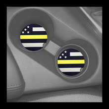 Load image into Gallery viewer, Set of 2 Thin Gold Line Dispatcher American Flag Silicone Car Coaster Emergency Services - www.ChallengeCoinCreations.com