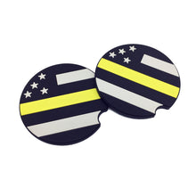 Load image into Gallery viewer, Set of 2 Thin Gold Line Dispatcher American Flag Silicone Car Coaster Emergency Services - www.ChallengeCoinCreations.com
