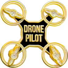 Load image into Gallery viewer, Gold UAS FAA Commercial Drone Pilot pin with spinning propellers PBX-005-K P-254