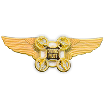 Load image into Gallery viewer, Gold Full size UAS FAA Commercial Drone Pilot Wings pin with spinning propellers BL4-005 P-262