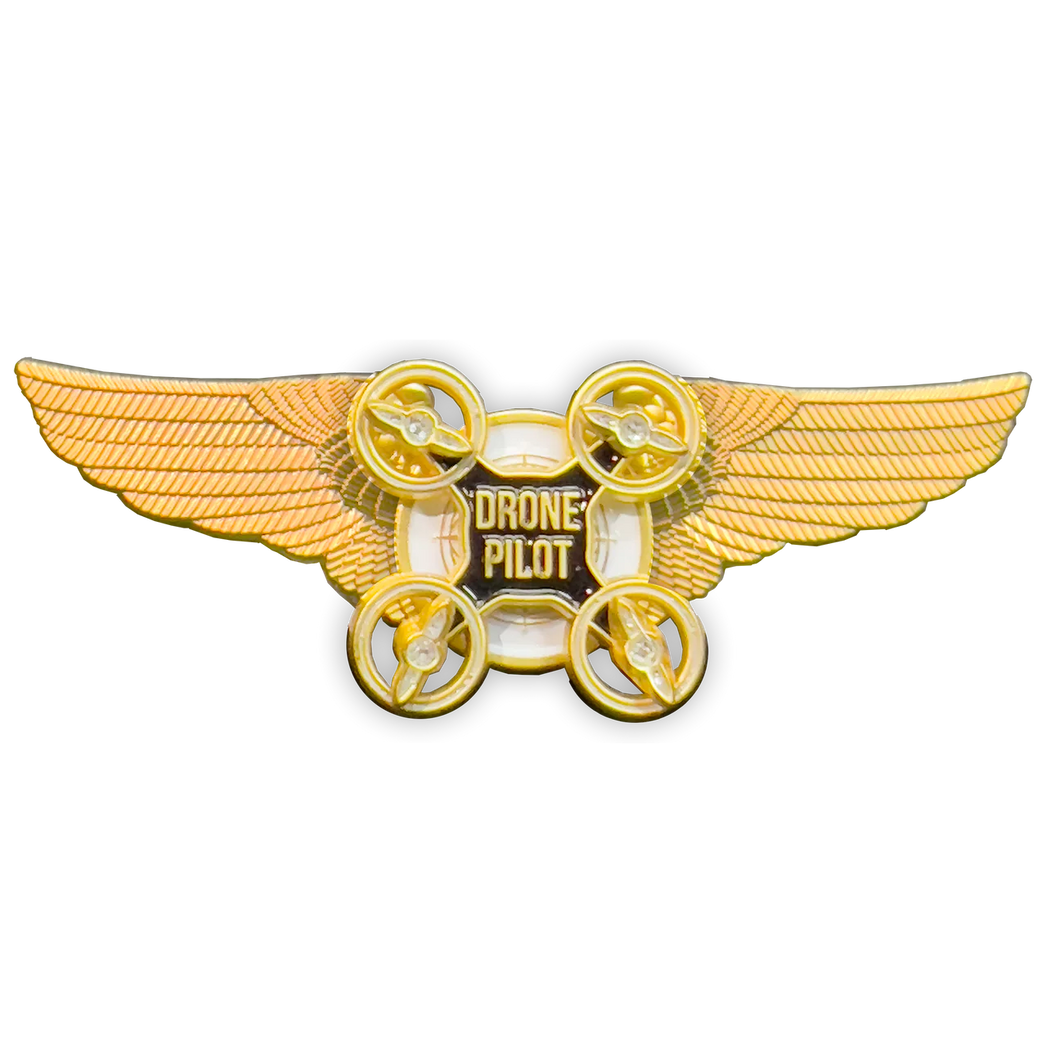 Gold Full size UAS FAA Commercial Drone Pilot Wings pin with spinning propellers BL4-005 P-262