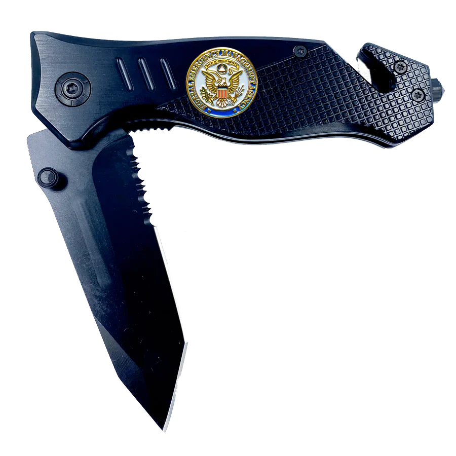 FEMA Federal Emergency Management Agency collectible 3-in-1 Police Tactical Rescue tool with Seatbelt Cutter, Steel Serrated Blade, Glass Breaker 24-K