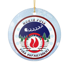 Load image into Gallery viewer, North Pole Fire Department Thin Red Line Christmas Ornament 3&quot; Ceramic Fireman Firefighter EMT EMS Paramedics