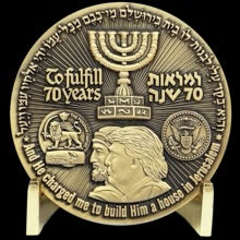 Rare antique gold plated Trump Israel Jerusalem MAGA Challenge Coin 70 years Temple DL12-07