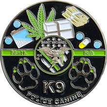 Load image into Gallery viewer, Border Patrol K9 Challenge Coin Canine Unit Saint Michael Thin Green Line Prayer Paw Prints BL6-007