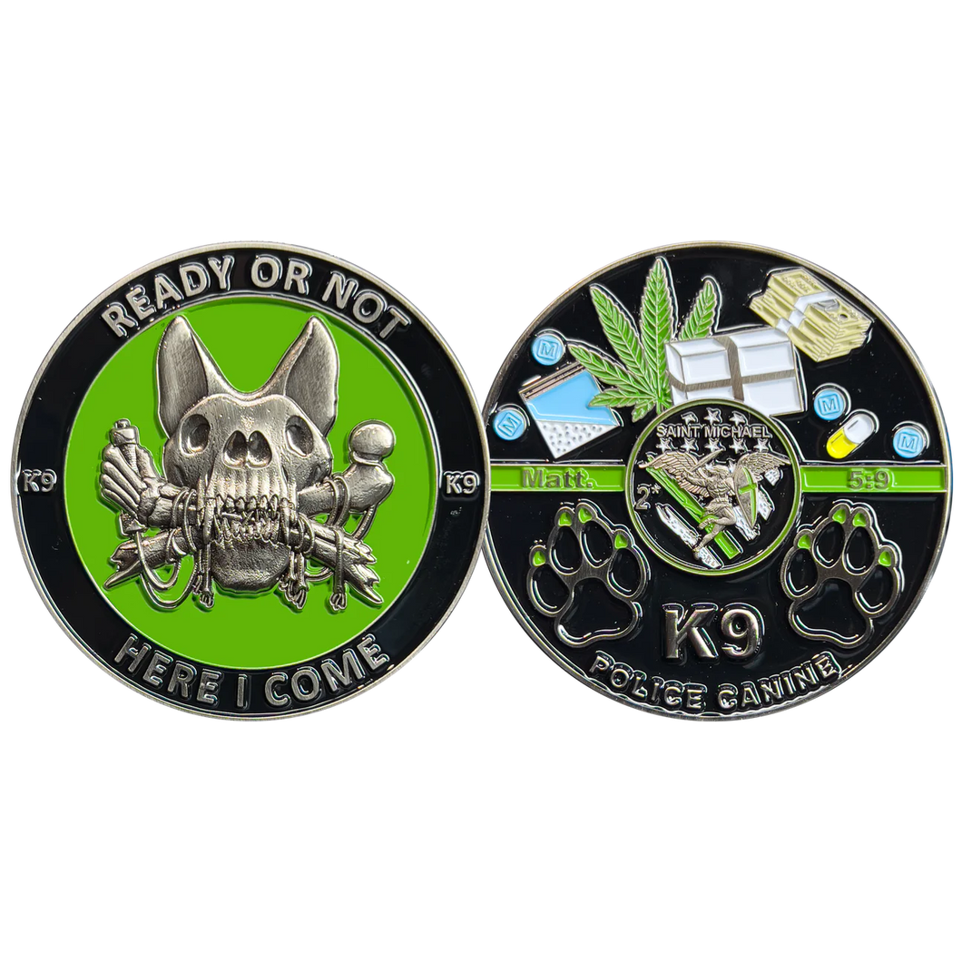 Border Patrol K9 Challenge Coin Canine Unit Saint Michael Thin Green Line Prayer Paw Prints BL6-007