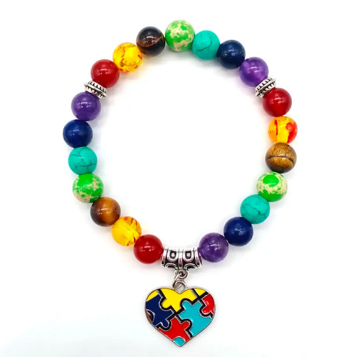 Autism Awareness Heart 7 Beads Elastic Bracelet Natural Stone Rainbow Jewelry Bracelet Puzzle Pieces Free Usa Shipping Ships From USA