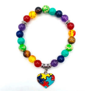 Autism Awareness Heart 7 Beads Elastic Bracelet Natural Stone Rainbow Jewelry Bracelet Puzzle Pieces Free Usa Shipping Ships From USA