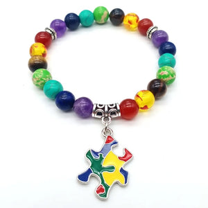 Autism Awareness 7 Beads Elastic Bracelet Natural Stone Rainbow Jewelry Bracelet Puzzle Pieces Free Usa Shipping Ships From USA