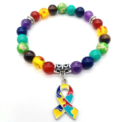 Autism Awareness Ribbon 7 Beads Elastic Bracelet Natural Stone Rainbow Jewelry Bracelet Puzzle Pieces Free Usa Shipping Ships From USA
