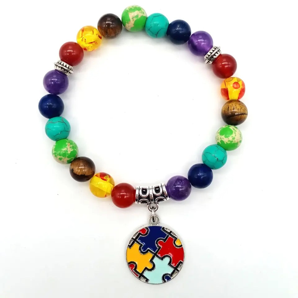 Autism Awareness Globe 7 Beads Elastic Bracelet Natural Stone Rainbow Jewelry Bracelet Puzzle Pieces Free Usa Shipping Ships From USA