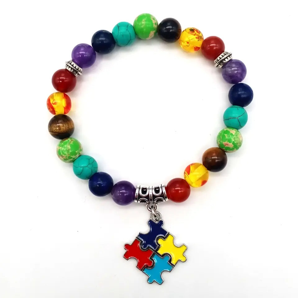Autism Awareness 7 Beads Elastic Bracelet Natural Stone Rainbow Jewelry Bracelet Puzzle Pieces Free Usa Shipping Ships From USA
