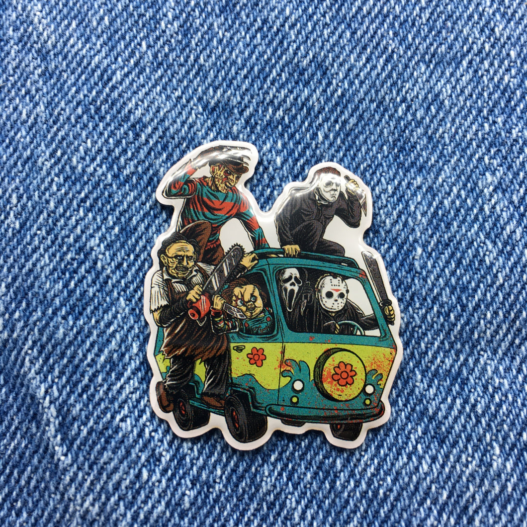Mystery Machine Mystery Inc Scooby Doo Masup Horror Jason Chucky Scream Krueger Myers Parody UV Screen Printed Pin FREE USA Shipping P-268