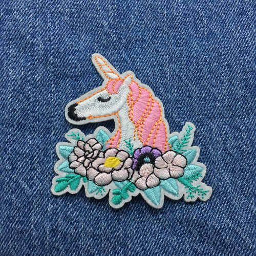 Embroidered Iron On Unicorn Patch Fantasy Pink Flowers Ships Free From The USA PAT-851