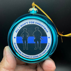 Thin Blue Line Police Home For Christmas 3.5" Shatterproof Ornament Ships Free In The USA