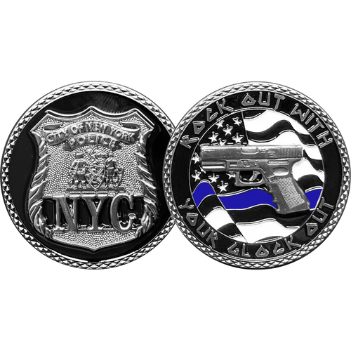 NYPD New York City Police Officer Rock Out Thin Blue Line Flag Challenge Coin GL10-006