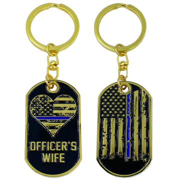 Police Officer's Wife Thin Blue Line American Flag Challenge Coin Keychain AA-009