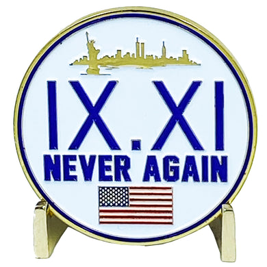 September 11th 9/11 Never Again Challenge Coin American Flag 911 New York City Skyline NYC USA EL5-008