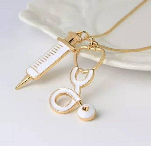 Syringe and Stethoscope white on gold Necklace P-092 - www.ChallengeCoinCreations.com