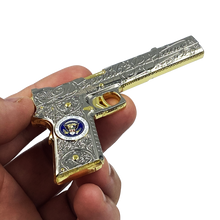 Load image into Gallery viewer, Two Tone Gold and Chrome special edition TRUMP 2020 MAR-A-LAGO &quot;Jesse James&quot; 1911 MAGA Challenge Coin E-011 - www.ChallengeCoinCreations.com