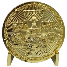 Load image into Gallery viewer, Rare 24KT Gold Plated Trump Israel Jerusalem MAGA Temple Challenge Coin 70 years Embassy MM-013 - www.ChallengeCoinCreations.com