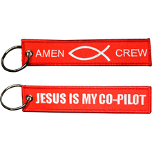 Load image into Gallery viewer, Jesus is my Co-Pilot Amen CREW Keychain or Luggage Tag or zipper pull Fish Spirit EL11-021