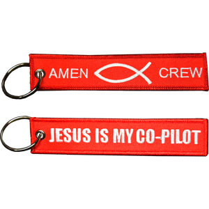 Jesus is my Co-Pilot Amen CREW Keychain or Luggage Tag or zipper pull Fish Spirit EL11-021