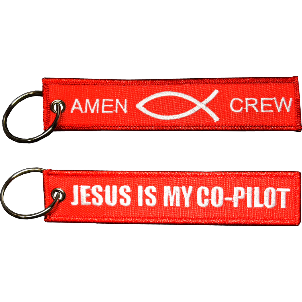 Jesus is my Co-Pilot Amen CREW Keychain or Luggage Tag or zipper pull Fish Spirit EL11-021
