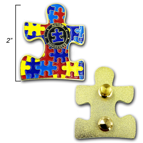 Autism Puzzle Piece Pin with dual pin posts and deluxe pin clasps (2 inch) EE-019 - www.ChallengeCoinCreations.com