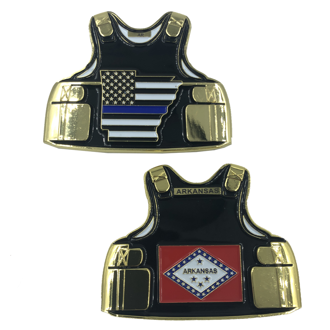 Arkansas LEO Thin Blue Line Police Body Armor State Flag Challenge Coins. D-003 - www.ChallengeCoinCreations.com