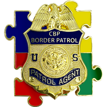 Load image into Gallery viewer, CBP Border Patrol Agent Autism Awareness Month lapel pin puzzle pieces display like a challenge coin EL7-014 P-186B
