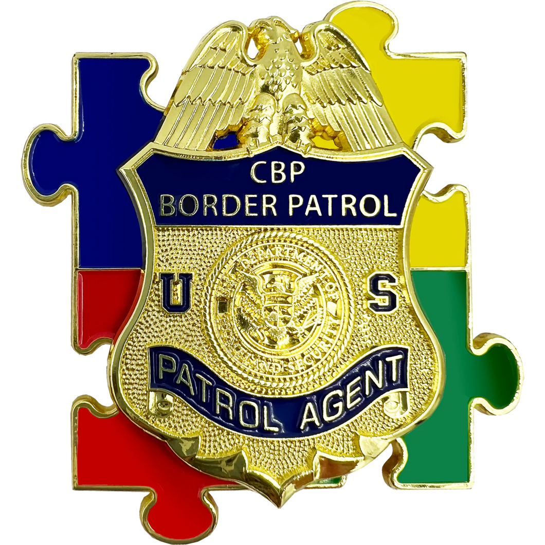 CBP Border Patrol Agent Autism Awareness Month lapel pin puzzle pieces display like a challenge coin EL7-014 P-186B