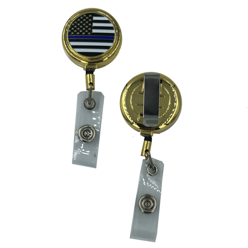 Police Thin Blue Line Metal ID Reel retractable ID Card Holder CBP First Responder Officer CL8-08 - www.ChallengeCoinCreations.com