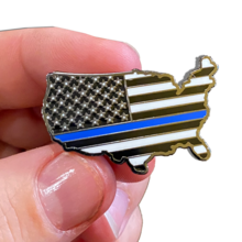 Load image into Gallery viewer, Thin Blue Line U.S. Map Pin with 2 pin posts and deluxe pin clasps Police Border Patrol Sheriff Security Marines Army P-011 - www.ChallengeCoinCreations.com