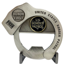 Load image into Gallery viewer, Border Patrol Handcuff Challenge Coin Cuff Bottle Opener Thin Green Line BP Agent CL7-18 - www.ChallengeCoinCreations.com