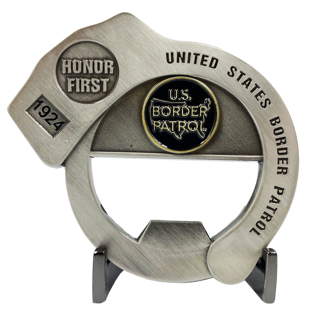Border Patrol Handcuff Challenge Coin Cuff Bottle Opener Thin Green Line BP Agent CL7-18 - www.ChallengeCoinCreations.com