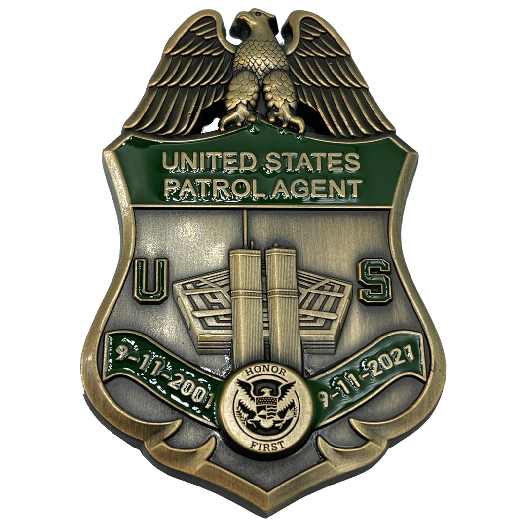 U.S. Border Patrol CBP BPA Agent September 11th 9/11 Commemorative 20th Anniversary Memorial Shield Honor First CL12-07 - www.ChallengeCoinCreations.com