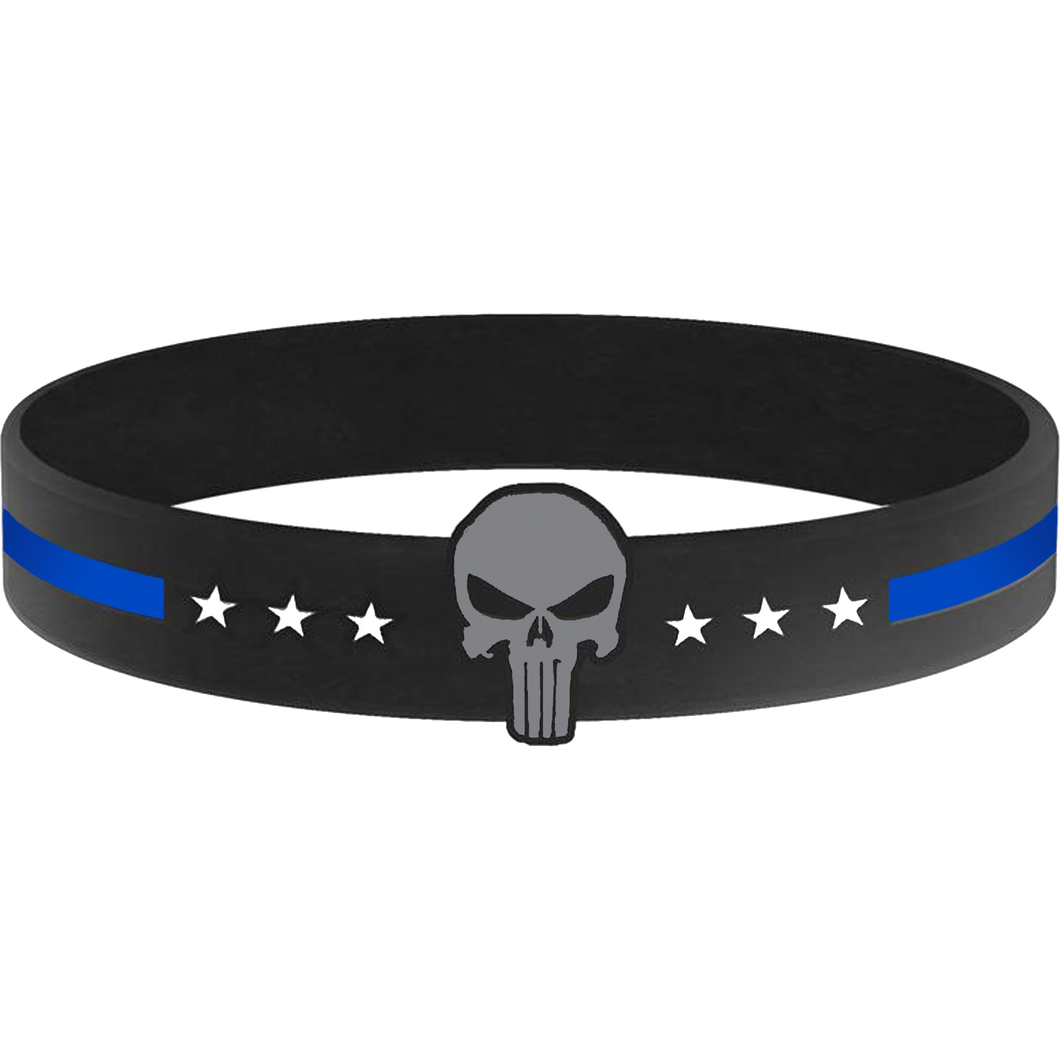 Thin Blue Line Skull Silicon Bracelet (BLUE) - www.ChallengeCoinCreations.com