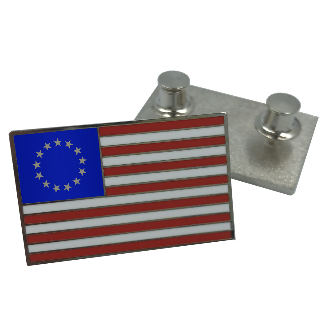 Betsy Ross 13 star vintage Cloisonne' hard enamel large 1.5 inch U.S. Flag pin with double pin back P-040 - www.ChallengeCoinCreations.com