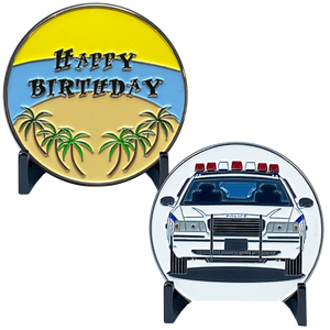Happy Birthday Police Officer Challenge Coin Car Palm Tree Beach Gift Thin Blue Line EL11-007