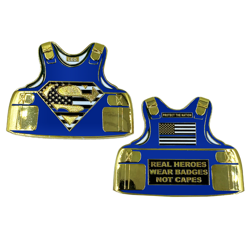 Superman Police Body Armor Challenge Coin thin blue line Capes CBP FBI FAM Sheriff LAPD Boston Chicago AA-004 - www.ChallengeCoinCreations.com