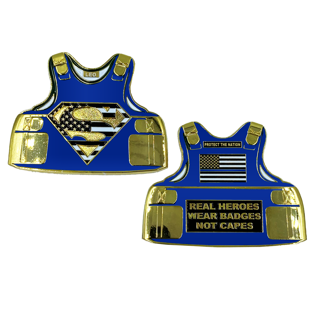 Superman Police Body Armor Challenge Coin thin blue line Capes CBP FBI FAM Sheriff LAPD Boston Chicago AA-004 - www.ChallengeCoinCreations.com