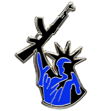 Load image into Gallery viewer, Thin Blue Line Statue of Liberty M4 Cloisonné Pin with dual pin posts Police Officer P-100 - www.ChallengeCoinCreations.com