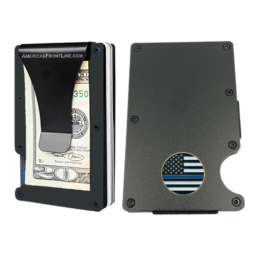 Police Thin Blue Line Wallet Money Clip RFID Blocking Front Pocket Wallet Premium Minimalist Wallets for Men Minimalist Slim Credit Card Holder Business Card Holder Mens Aluminum Metal Wallet EL3-012 - www.ChallengeCoinCreations.com