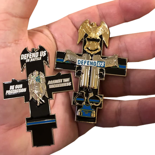Thin Blue Line St. Michael Cross Police Sheriff CBP FBI aft Challenge Coin medallion GG-010 - www.ChallengeCoinCreations.com