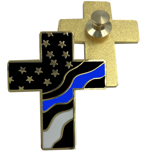 Thin Blue Line American Flag Cross USA Lapel pin Cloisonné Police Sheriff cbp atf NYPD LAPD Chicago police P-007 - www.ChallengeCoinCreations.com