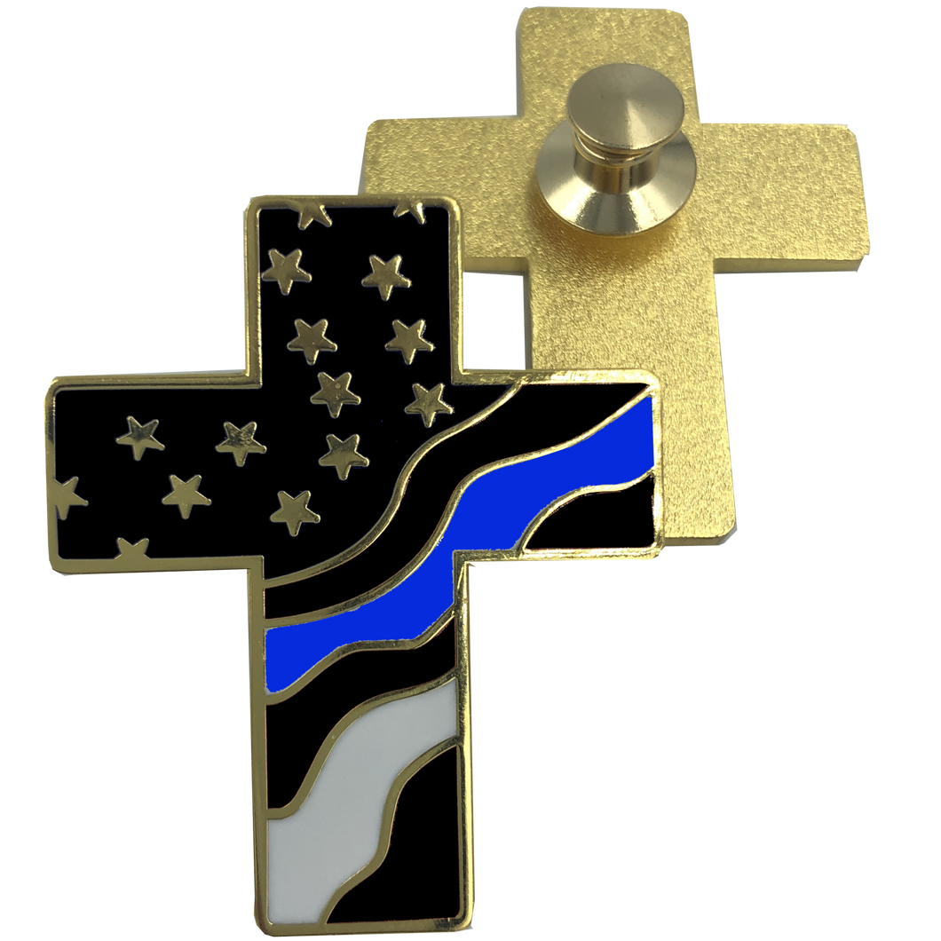Thin Blue Line American Flag Cross USA Lapel pin Cloisonné Police Sheriff cbp atf NYPD LAPD Chicago police P-007 - www.ChallengeCoinCreations.com